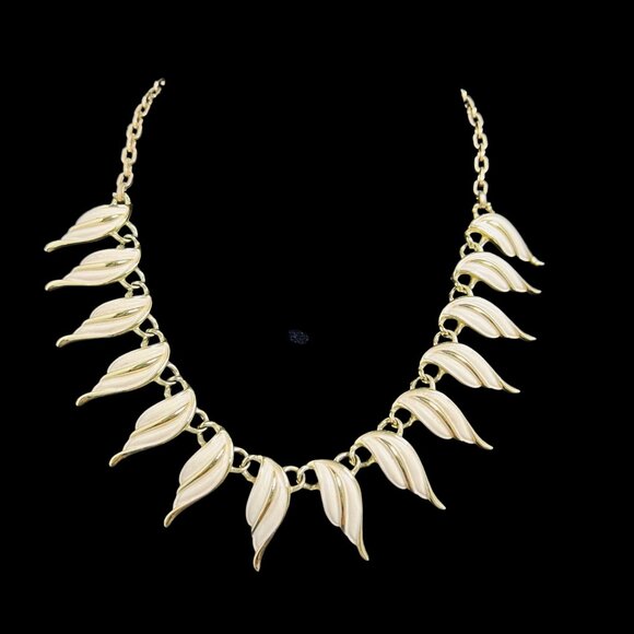 Emmons Gold Tone W/Off White Enamel Necklace & Tall Clip On Earrings Set (5321) - Picture 2 of 11